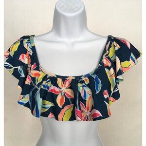 Splendid Swimsuit Top Women Size S Navy Blue w Tropical flowers Ruffled New